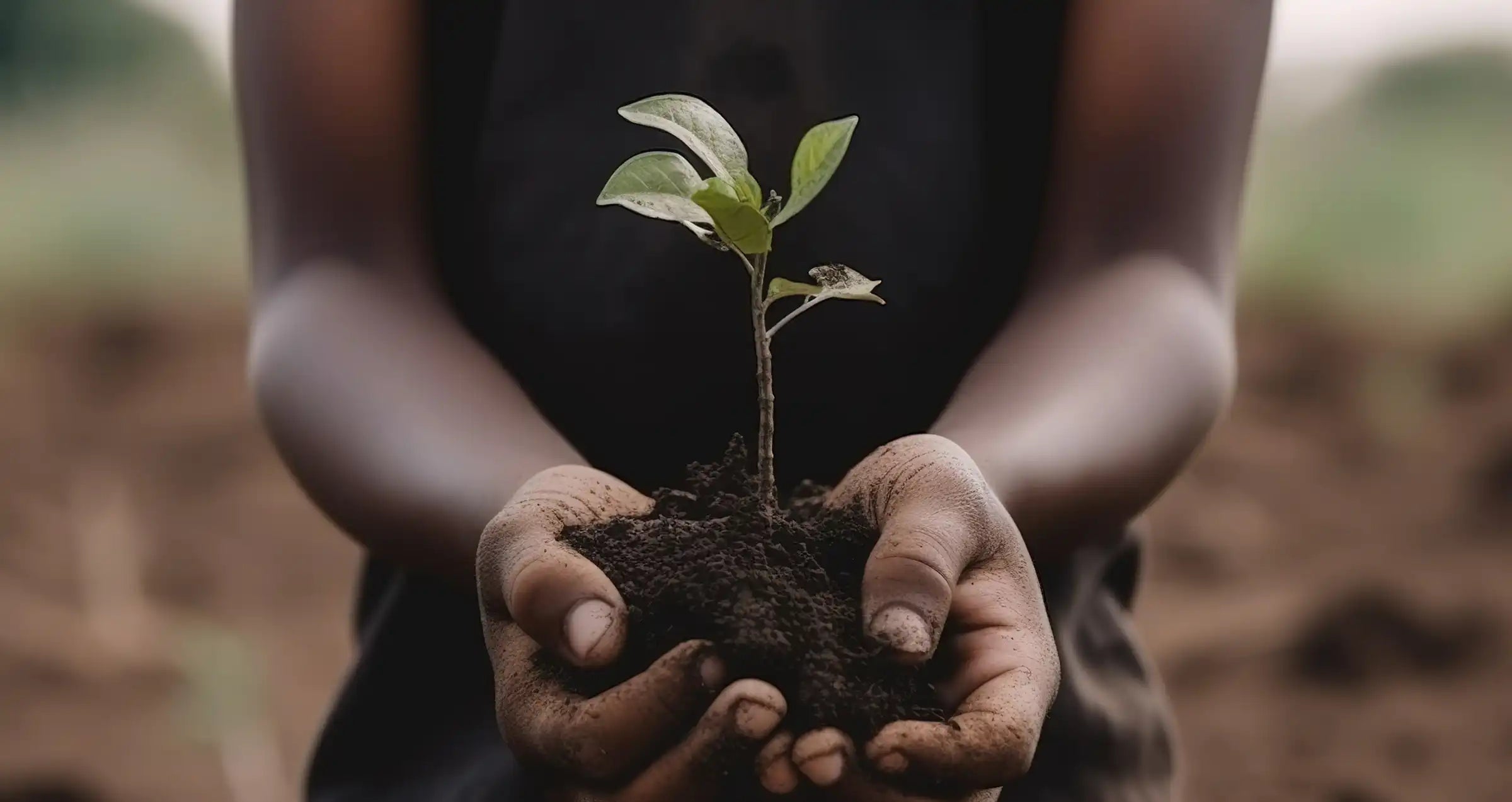 A set of hands cupping the soil around the roots of a small seedling